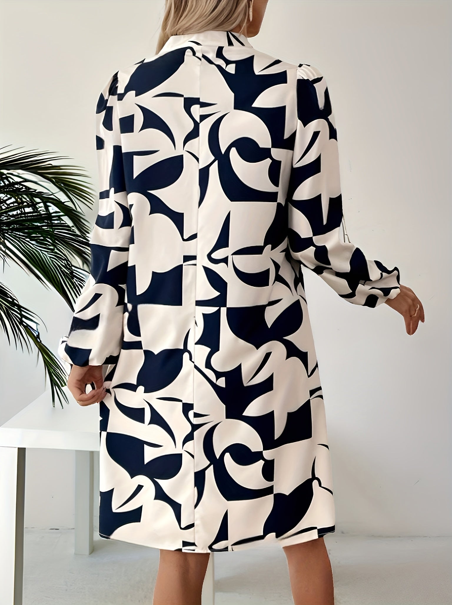 Elegant Women'S Long Sleeve Geometric Print Dress - 100% Polyester Cardigan Collar Midi - Patchwork Design Shirt Dress for Spring/Fall
